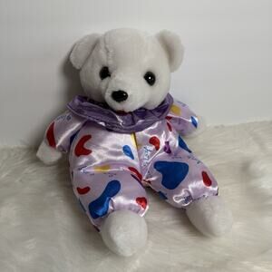 Vintage Six Flags Purple Collar Red Blue Yellow Spots White Plush Bear Souvenir